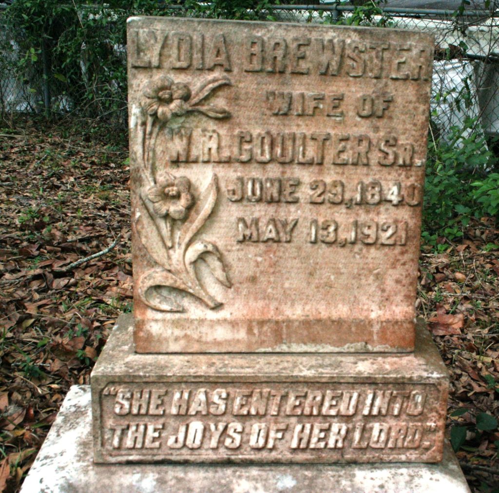 The wife of William. R. Coulter, Sr., listed on the headstone as Lydia Brewster, is buried next to her husband's grave.