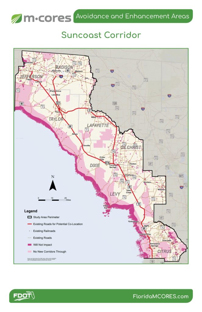 The map shows areas that will be avoided in pink. The red-marked highways could serve sites for co-location of toll roads.