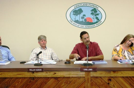 Chiefland City Commissioners Tim West, Rollin Hudson, Mayor Chris Jones and Comm Lewrissa Mainwaring are debating Nature Coast Regional Water Authority 3-9-20.jpg