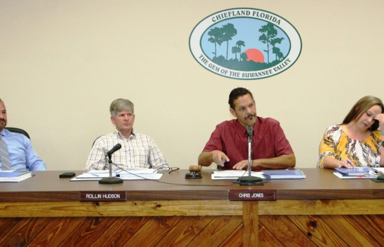 Chiefland City Commissioners Tim West, Rollin Hudson, Mayor Chris Jones and Comm Lewrissa Mainwaring are debating Nature Coast Regional Water Authority 3-9-20.jpg