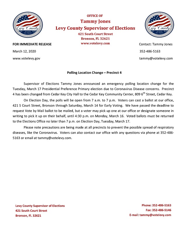 Supervisor of Elections Tammy Jones announced an emergency polling location change for the Tuesday, March 17 Presidential Preference Primary election due to Coronavirus Disease concerns.  