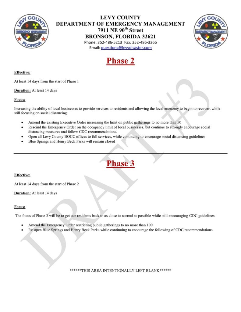 Image of Page 2 Phase 2 & 3 of Levy County BoCC COVID-19 Phased Re-Opening Guide