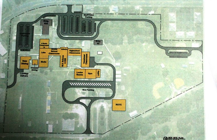 An architect's drawing of the future Chiefland Middle High School campus shows the location of all the buildings. The school will be constructed at the site of the current campus.