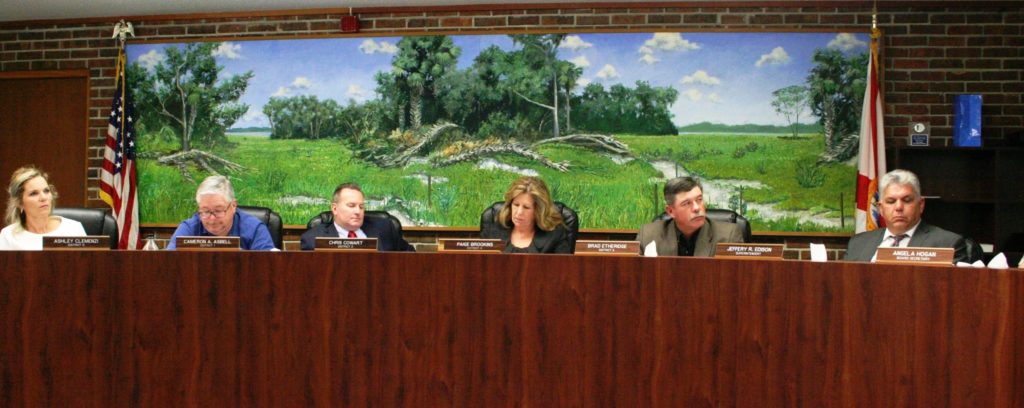 File Photo by Terry Witt: The Levy County School Board has adopted a back-to-school Covid-19 plan. Board members are Ashley Clemenzi, Cameron Asbell, Chris Cowart, Paige Brookins and Brad Etheridge with Superintendent Jeff Edison on the right.