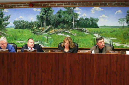File Photo by Terry Witt: The Levy County School Board has adopted a back-to-school Covid-19 plan. Board members are Ashley Clemenzi, Cameron Asbell, Chris Cowart, Paige Brookins and Brad Etheridge with Superintendent Jeff Edison on the right.