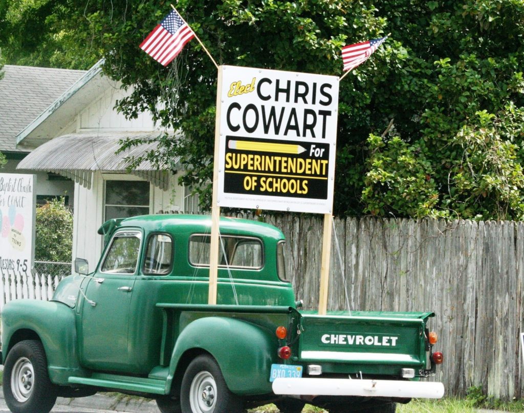 It's hard to miss School Board member Chris Cowart's campaign sign in the back of a Chevy 3100 antique truck. Cowart is running for superintendent of schools.