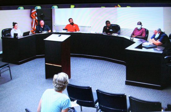 Bronson Town Council members gather to discuss whether Councilman Berlon Weeks should be removed from office. Pictured from the left at the council dais are Interim Town Clerk Melisa Thompson, Weeks, Councilman Jason Hunt, Mayor Beatrice Roberts, Councilman Aaron Edmondson and Councilman Robert Partin. The only person pictured in the audience is Levy County Democratic Executive Committee State Committee Woman and Precinct 2 Co- Chairperson Stacey Peters. Williston City Planner Jackie Gorman, former Mayor Franklin Schuler, and Levy County Democratic Executive Committee Precinct 1 Chairperson Deborah Goad arrived a few minutes later. No local news media covered the meeting.