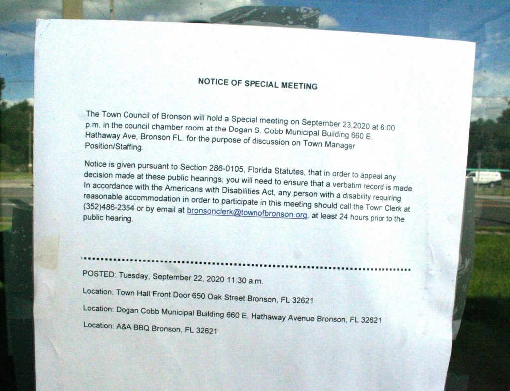 This is a copy of the notice posted at three locations on the day before the special meeting that ended in the removal of Councilman Berlon Weeks from political office.