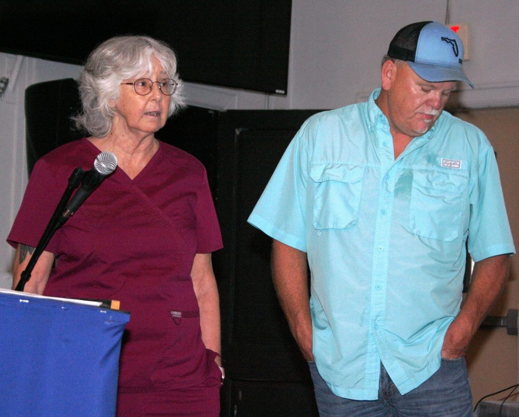 Dr. Darlene Esler, veterinarian for Levy County Animal Services and David Weatherford, director of Levy County Animal Services respond to questions at a workshop on the new animal control ordinance.