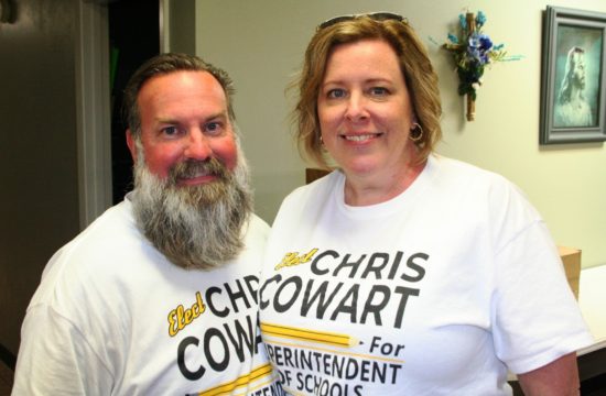 School Board member Chris Cowart and his wife Ashley enjoy their election victory Tuesday night. Cowart won school superintendent by a wide margin.