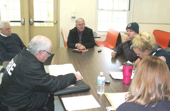 County and union negotiators discuss EMS issues Tuesday. From the left: Levy County Department of Public Safety Director Mitch Harrell, County Labor Union attorney Wayne Helsby, County Coordinator Wilbur Dean, IAFF union member Jimmy Jones, IAFF President Katy Graves