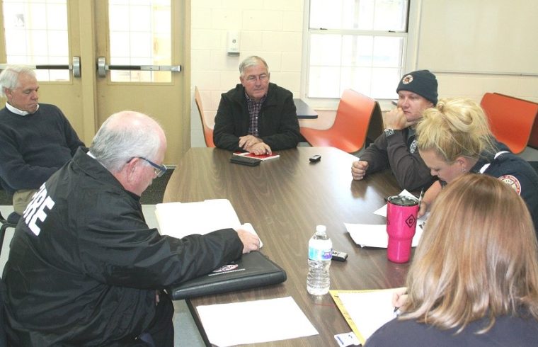 County and union negotiators discuss EMS issues Tuesday. From the left: Levy County Department of Public Safety Director Mitch Harrell, County Labor Union attorney Wayne Helsby, County Coordinator Wilbur Dean, IAFF union member Jimmy Jones, IAFF President Katy Graves