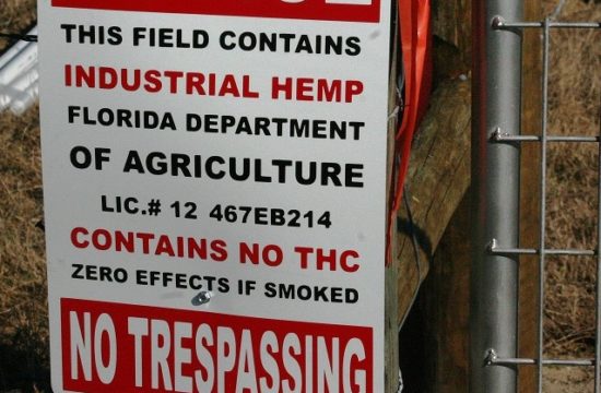 The second sign at the entrance to Central Flora Farms provides the business license number registered with the Florida Department of Agriculture and notes that industrial hemp is being grown on the property that contains no THC.