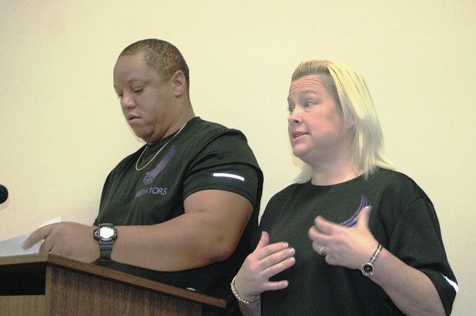 Victoria Larkin speaks about their new youth sports league as her husband Aaron listens at Monday's Chiefland City Commission meeting.