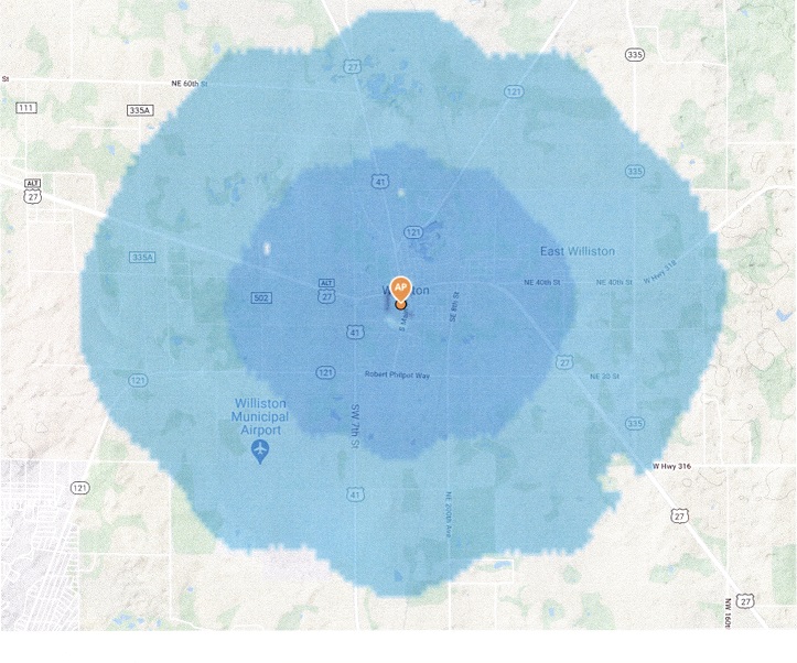 Map provided by City of Williston: Williston's planned broadband internet utility would provide coverage that would reach the entire light blue area. The transmitter would be located atop the city water tower.