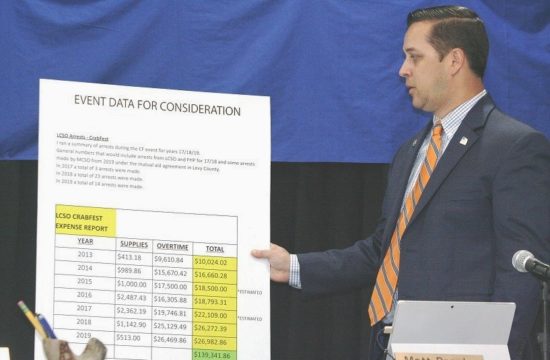 County Commissioner Matt Brooks of Williston shows the audience a chart indicating rising sheriff's office costs at each Crab Fest. He discussed the festival at the April 6 county commission meeting.