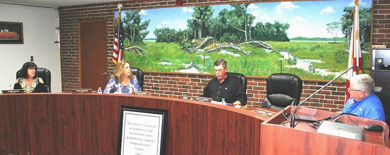 Levy County School Board members Tammy Boyle, Paige Brookins, Brad Etheridge and Chairman Cameron Asbell discuss the possibility of filing a federal vaping lawsuit.