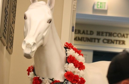 The white statue brought to the Williston City Council meeting will be repainted in the likeness of Foolish Pleasure, a bay horse with a dark reddish brown coat.