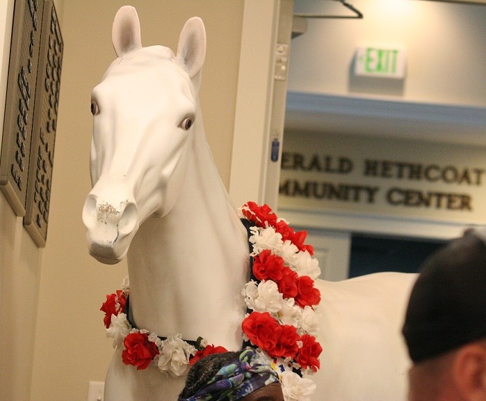 The white statue brought to the Williston City Council meeting will be repainted in the likeness of Foolish Pleasure, a bay horse with a dark reddish brown coat.