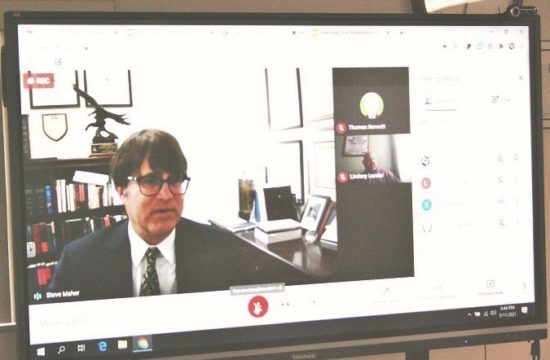 Winter Park attorney Steven Maher talks to Levy County School Board members through an internet connection Tuesday.