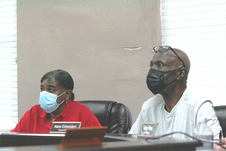 Mayor Beatrice Roberts and Councilman Aaron Edmondson listen as a fire tax proposal is discussed. Roberts said timing is bad for a fire tax.