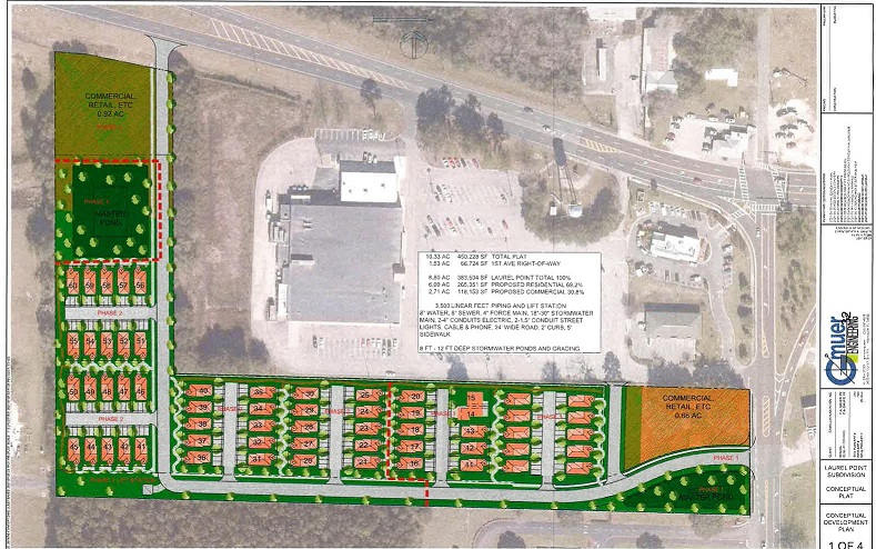 A bird's eye view of the L-shaped Laurel Point subdivision shows a roadway running the length of the development. The pocket neighborhood wraps around the Williston Winn Dixie store and will connect to it by a private road. The development will also connect to U.S. 27A.