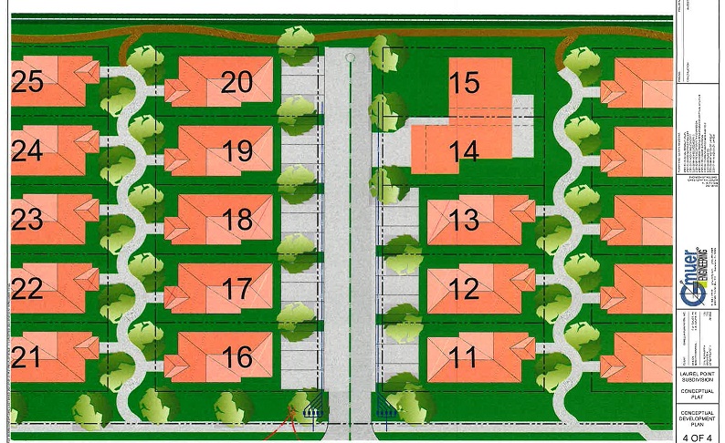 This is a close-up look at a section of Laurel Point showing how the homes will share common areas and a sidewalk that meanders between them.