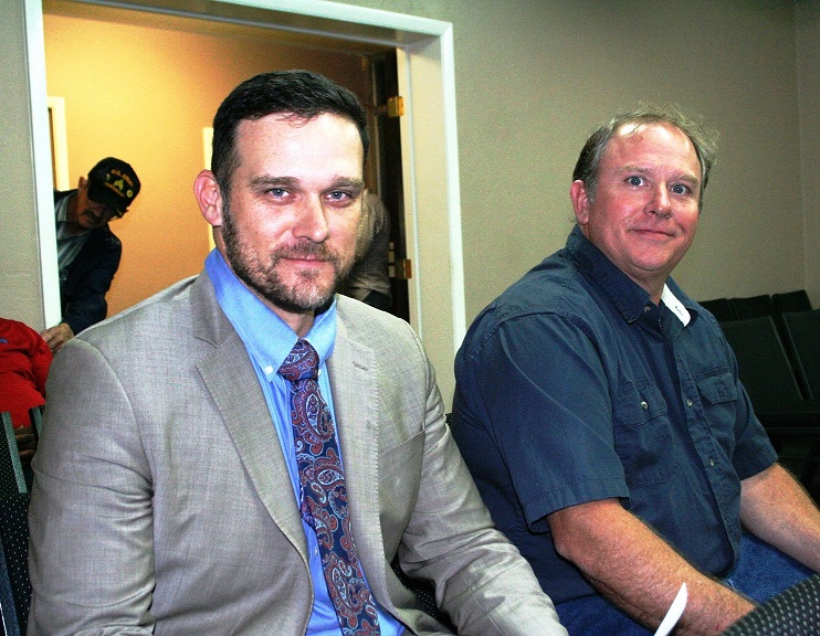 File Photo by Terry Witt: Williston Attorney Blake Fugate sits with his client, former Councilman Berlon Weeks, at a Bronson Town Council meeting in November of 2020. Fugate argued at the meeting that Weeks never resigned and should be restored to his position. The town council refused to honor the request.