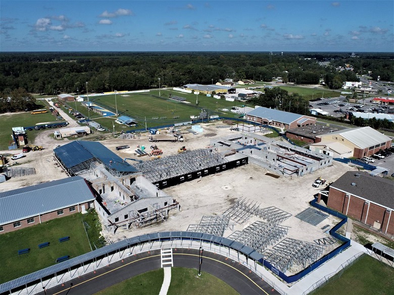 This photograph was taken above the CMHS campus by a drone operated by Parrish McCall. It shows construction is ongoing. The view is from the southeast. Photo courtesy of Parrish McCall.