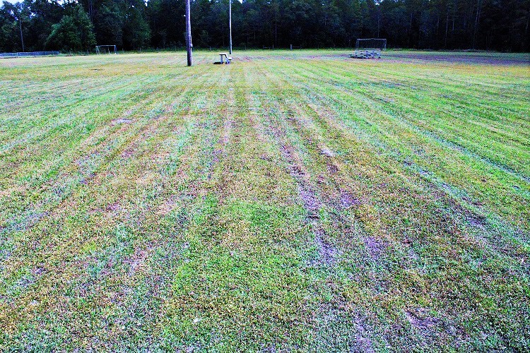 Tire marks left are visible on the soccer field at James H. Cobb Park. The tire marks were left by Bronson maintenance lawn mowers. The tire marks left the field lumpier than usual. The soccer field was softened from periods of heavy rain.