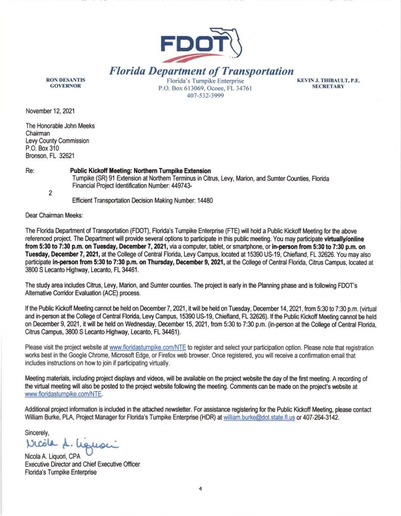 This Florida Department of Transportation letter set the stage for discussions at Tuesday's Levy County Commission meeting. The letter indicates that planning for the Northern Turnpike Extension is getting underway.