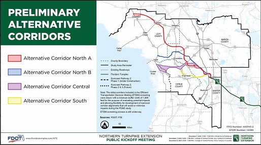 This map shows the four proposed alternative corridors being studied by the Florida Department of Transportation for the Northern Turnpike Extension.