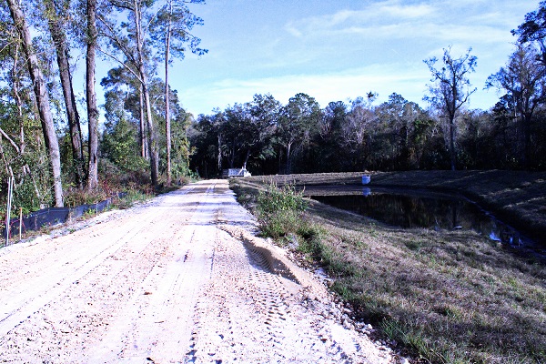 This two-lane street, which has yet to be paved, runs along the edge of the large drainage retention pond on the right. The street connects the Hudson Foods commercial project to Main Street in Bronson. The street runs behind Julie’s Diner, Charlie’s Pub, the Bronson Motel and Weeks Marathon.