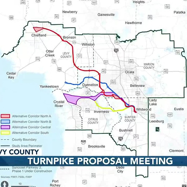 A Florida Department of Transportation shows the red and blue corridors Maria Wise and her neighborhood group oppose. The corridors would pass through their neighborhood in south Levy County.