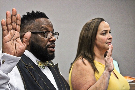 Chiefland City Commissioners Lance Hayes and Lewrissa Johns were sworn into office by County Judge James T. Browning at Monday's meeting.