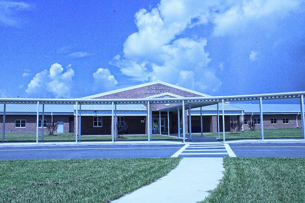 The front entrance of the new Chiefland Middle High School is attractive. The main school facility branches off into three different wings, one for the high school, one for the middle school, and one for vocational education. The district hasn't fully decided what to do with the current administrative area adjoining the auditorium except that special education classrooms will be housed there.