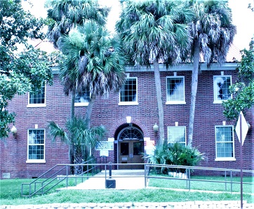 This photo shows the front of the Levy County Courthouse judicial entrance. The photo has been cropped to show the width of the future judicial entrance extension. A building will be added to the front of the judicial entrance about equal to the width of this photo. The branches of the magnolia tree that the architect believes can be saved are seen on the right side of the photo. The branches of the magnolia tree he doesn't believe he can save can be seen on the left. The sabal palm trees at the front of the courthouse will be cut down. The architect says he will have exact dimensions of the property when it is surveyed and will know more about whether the third magnolia tree can be saved.