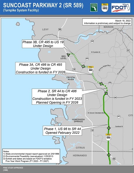 The four segments of Suncoast Parkway 2 are shown on the map. Phase 1 has been completed and has opened. Phase 2, Phase 3A and Phase 3B of the toll road are in various phases of design.