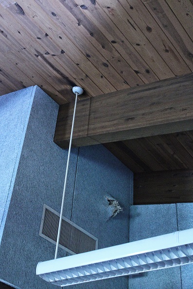 The wood at the base of this ceiling light fixture showed heat damage likely caused by the lightning strike on the roof of this classroom.