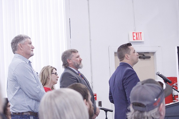 Levy County Commission Chairman Matt Brooks addresses the Legislative Delegation regarding the monkey lab situation and other issues as Commissioner Tim Hodge, Desiree Mills, and John Meeks listen.