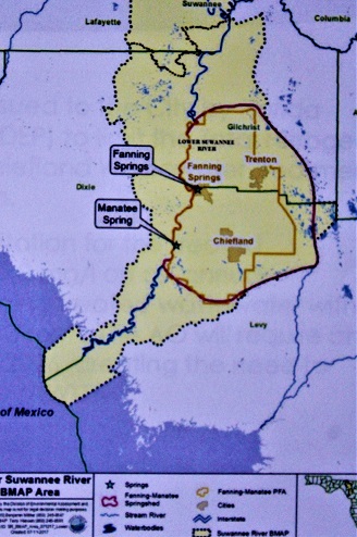 Chiefland and Fanning Springs lie in the Chiefland-Manatee Springshed, shown in the drawing as a red oblong-shaped area. The location of Chiefland in a springs protection area increases the chances of the city's advanced treatment plant being fully funded by the state.