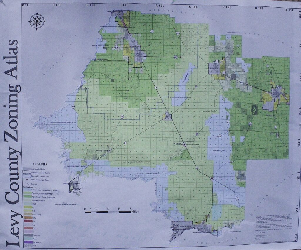 Photo by Terry Witt: The Levy County Zoning Atlas, or map, shows agriculture/rural residential areas in dark green. The county is considering a Land Development Code amendment that would allow manure composting facilities in those residential zones.