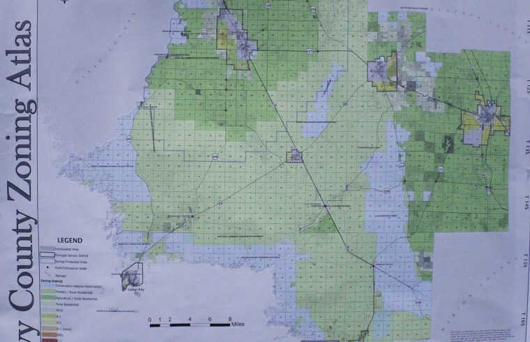 Photo by Terry Witt: The Levy County Zoning Atlas, or map, shows agriculture/rural residential areas in dark green. The county is considering a Land Development Code amendment that would allow manure composting facilities in those residential zones.