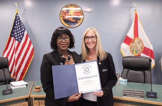 Williston City Clerk Latricia Wright receives her designation as a Florida Municipal Certified Clerk from Dawn Wright, Central West District Director for the Florida Association of City Clerks.