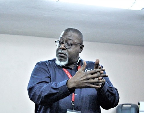 Leroy Marshal, chief professional engineer for the Suwannee River Water Management District, speaks in the workshop meeting in Bronson on May 23.