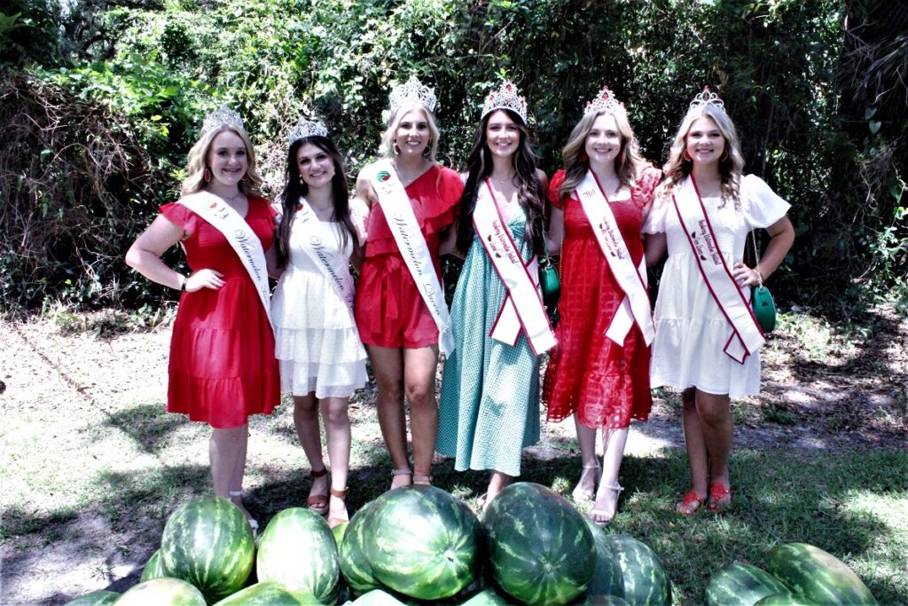 Chiefland Watermelon Festival royalty are shown. From the left, 2023 Chiefland Teen Queen Lanay Grinstead, Princess Cali Knapp, and Queen Emerie Woodall; 2023 Newberry Watermelon Queen Tori Mills, Teen Queen Breiley Hines and Teen Queen Ansley Young.