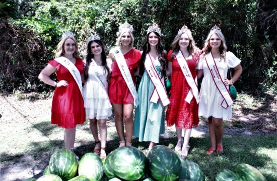 Chiefland Watermelon Festival royalty are shown. From the left, 2023 Chiefland Teen Queen Lanay Grinstead, Princess Cali Knapp, and Queen Emerie Woodall; 2023 Newberry Watermelon Queen Tori Mills, Teen Queen Breiley Hines and Teen Queen Ansley Young.