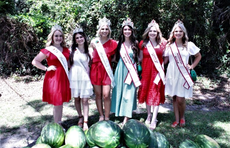 Chiefland Watermelon Festival royalty are shown. From the left, 2023 Chiefland Teen Queen Lanay Grinstead, Princess Cali Knapp, and Queen Emerie Woodall; 2023 Newberry Watermelon Queen Tori Mills, Teen Queen Breiley Hines and Teen Queen Ansley Young.